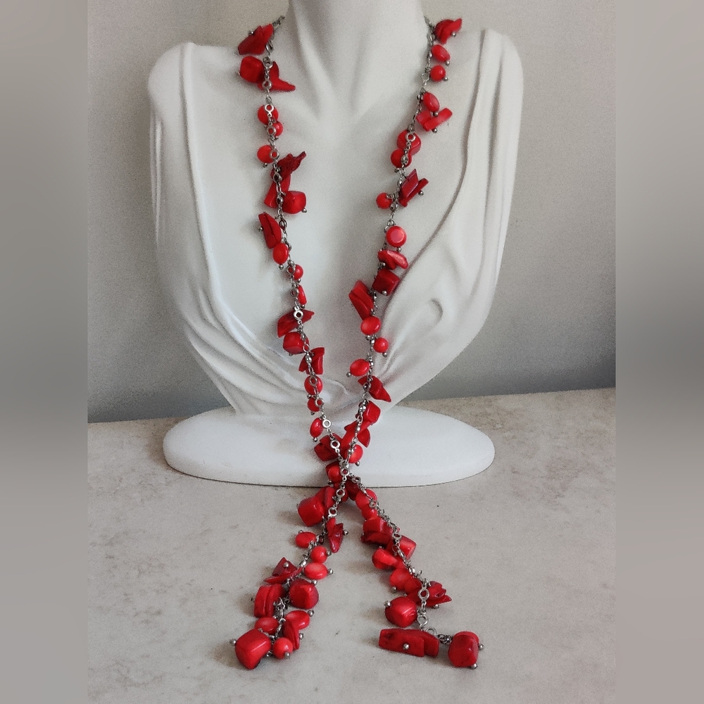 Genuine Red Coral Nugget Lariat Necklace